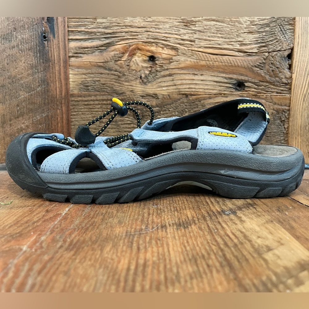 Keen blue water shoes.